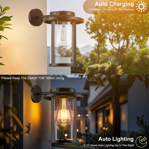 2 Pack Solar Wall Lights Outdoor, Dusk to Dawn Outdoor Lighting Fixtures Wall Sconce, Waterproof Black Exterior Lantern