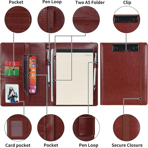 Wonderpool A5 PU Leather Clipboard Portfolio Recipe Binder Notepad Holders - Document Case for Office Travel (A5, Brown)