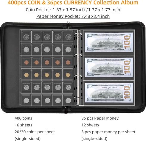 Coin Collection Album Holder, 400 Pockets Fireproof Coin Collection Book & 36 Paper Money Organizer Binder for Coin