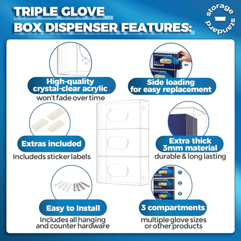 Storage Standard 16.5 10 3.5 Inches Triple Glove Box Holder Wall Mount Glove Dispenser - Disposable Glove Holder Wall