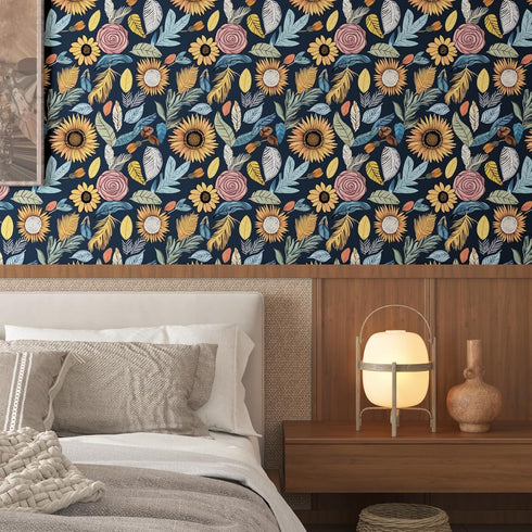 17.5" 393.7" Blue Wallpaper Peel and Stick,Vintage Boho Floral Contact Paper, x Retro Paisley Flower Botanical Wall