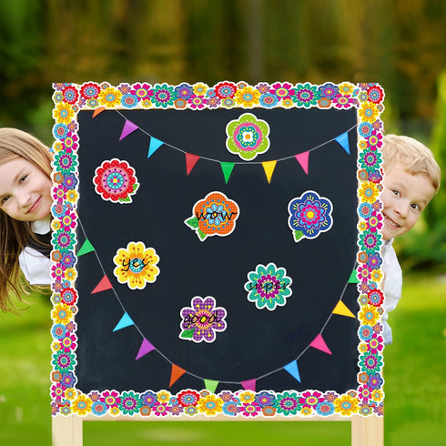 Pajean 67 Pieces Spring Flower Bulletin Board Decoration Set, 37ft Borders and 27 Flower Cutouts for Wall Decoration