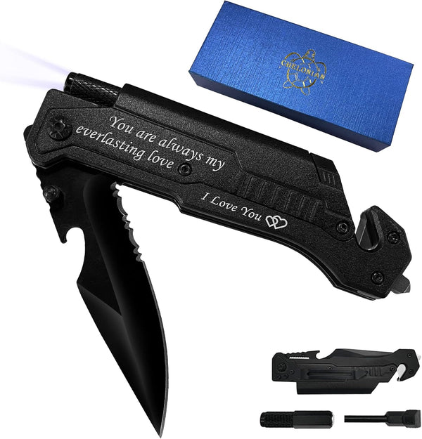 Engraved Pocket Knife for Men, 6 in 1 Multifunction Folding Knives with Fire Starter, LED Light, Gifts, Anniversary