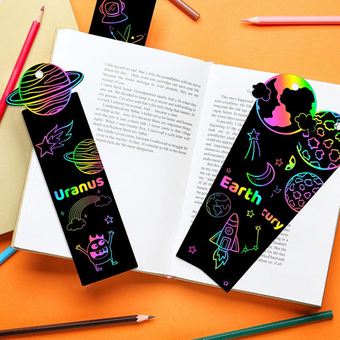 CY2SIDE 72PCS 9 Solar System Planets Scratch Bookmarks for Kids, Outer Space Theme Scratch Card Craft Kits, Galaxy Star