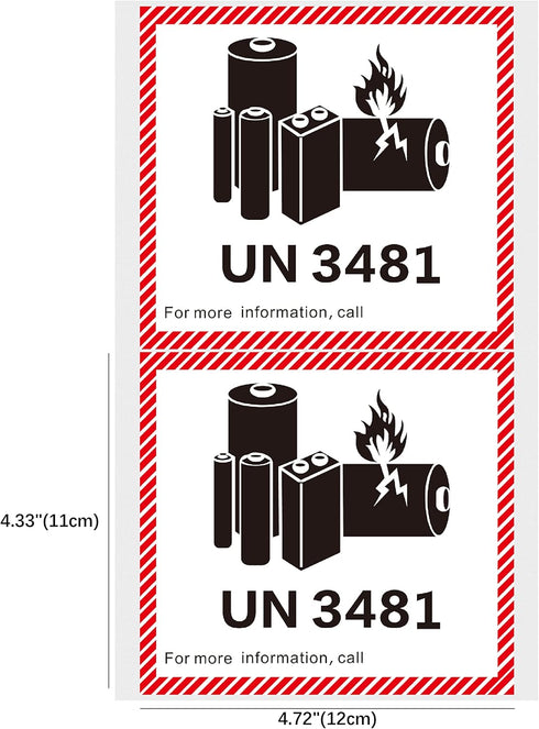 Hybsk Lithium Ion Battery Transport Caution Warning Labels, 50 Adhesive Stickers (4.7" x 4.3", UN3481)