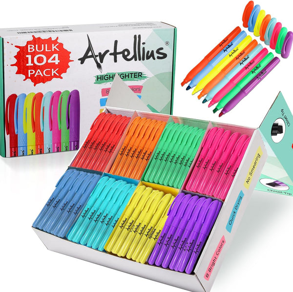 Vibrant 104 Pack Highlighters Assorted Colors Bulk Set (8 Bright Colors) - Quick-Dry Neon & Pastel Chisel Tip for
