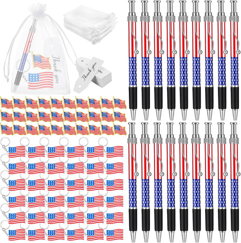 Qilery 150 Pcs Veterans Day Style American Flag Lapel Pins, Ballpoint Pen, Keychains, Thank You Card Gift Bag for 4th