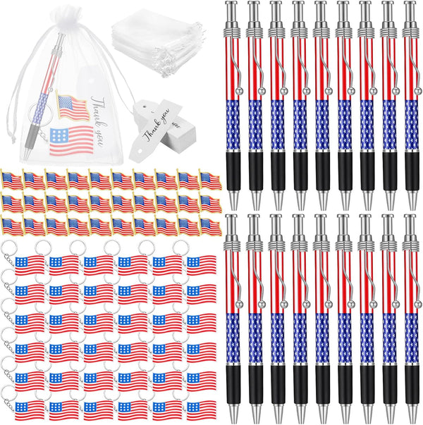 Qilery 150 Pcs Veterans Day Style American Flag Lapel Pins, Ballpoint Pen, Keychains, Thank You Card Gift Bag for 4th