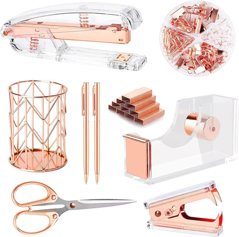 Rose Gold Desk Accessories Set, Acrylic Stapler, Tape Holder, 2 Ballpoint Pens, Scissors, Clips, 1000 Staples