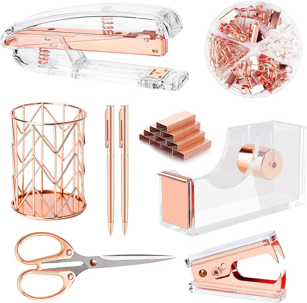 Rose Gold Desk Accessories Set, Acrylic Stapler, Tape Holder, 2 Ballpoint Pens, Scissors, Clips, 1000 Staples