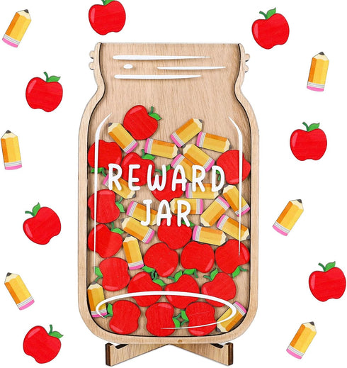 Back to School Wooden Reward Jar with Apple Pencil Cutouts, Positive Behavior Chart Management Tools, 38Pcs