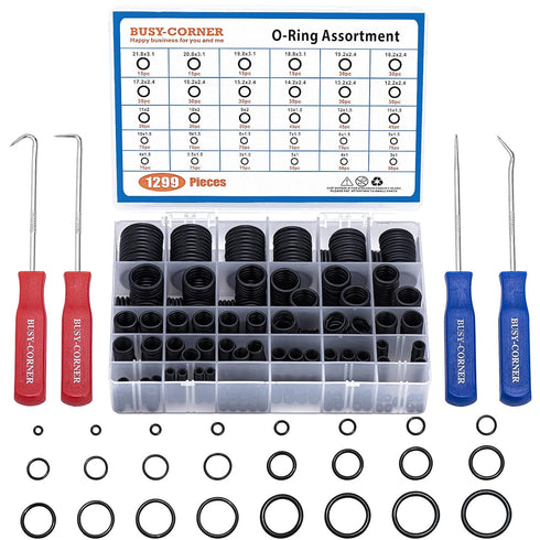 BUSY-CORNER 1299 Pieces O-Ring Kit with 4 PCS O Ring Pick & Installation Tools, 30 Metric Sizes Nitrile Rubber