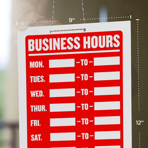 Business Hours Sign - Red and White Waterproof Flexible Plastic, Scratch Resistant, 9 x 12 Inches Signboard for
