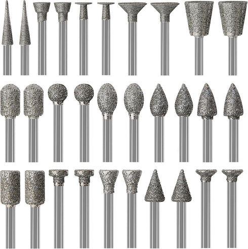 Stone Carving Set, 30PCS Diamond Burr Bits Compatible with Dremel, Polishing Kits for Carving, Engraving, Grinding