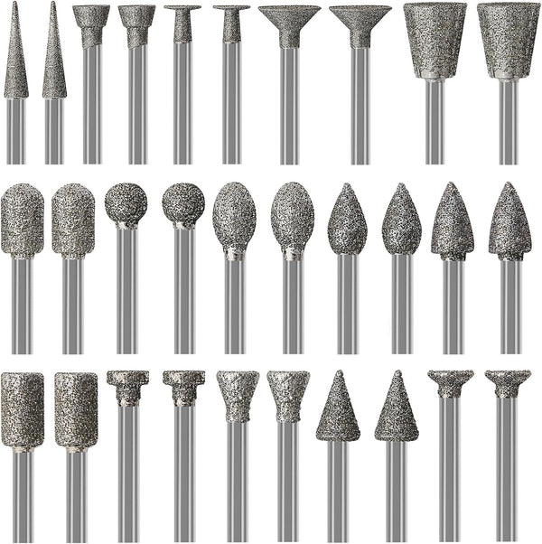 Stone Carving Set, 30PCS Diamond Burr Bits Compatible with Dremel, Polishing Kits for Carving, Engraving, Grinding