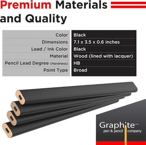 GRAPHITE Hard Lead Carpenter Pencils Bulk - (1) Pack of 12 Pieces Lumber Wooden Pencil #2 (HB) - Black by GRAPHITE