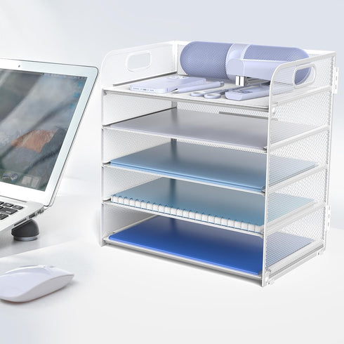 Letter Tray Paper Organizer, 5-Tier White Desk Organizer with Handle for Metal Desktop Document Shelf & Classroom