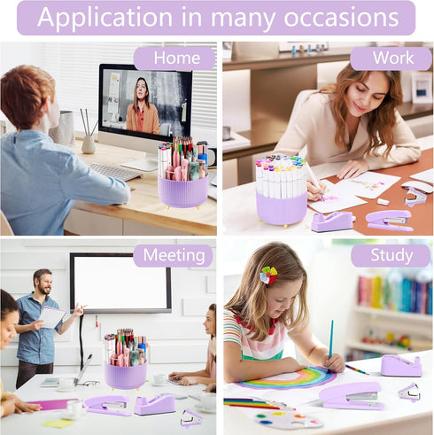 Purple Desk Accessories, 360° Pen Holder with Tape Dispenser, Stapler, and Office Supplies Set