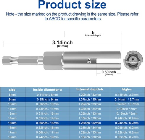 2 Pack Nut Drive Socket Kit, 9mm and 15mm Slot Wing Nuts Drill Bit Socket Wrenches Tools Set for Hexagonal Shank Steel