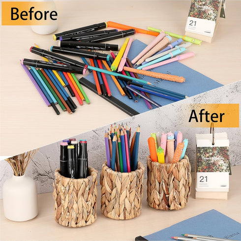 BTSKY 3 Pack Water Hyacinth Pencil Holder, Handmade Wicker Pen Cup for Makeup Brushes and Office Accessories