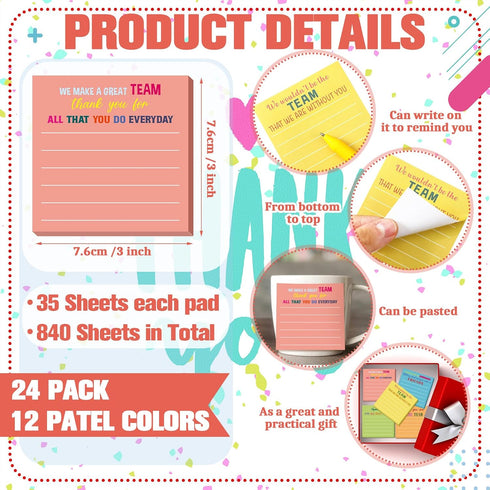 Yinder 24 Pcs Inspirational Sticky Notes, Cute Motivational Note Pad for Coworkers, Office Supplies 3 x 3''
