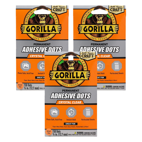 Gorilla Permanent Adhesive Dots, Double-Sided Clear, 0.5" Diameter, 150 Pieces, Pack of 3