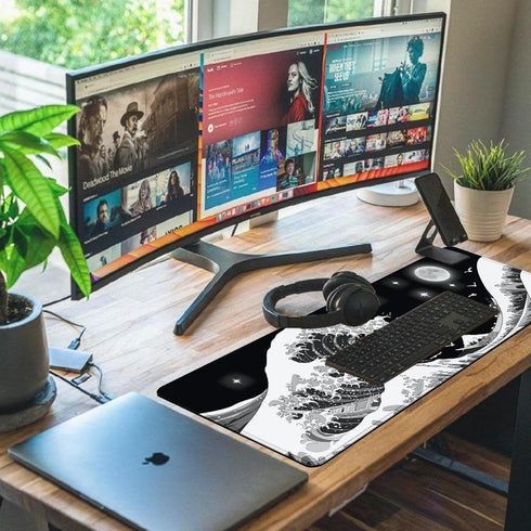 Gaming Mouse Pad, Japanese Black and White Sea Wave Large XXL Extended Desk Mat, 31.06" x 11.8" for Home Office Gaming