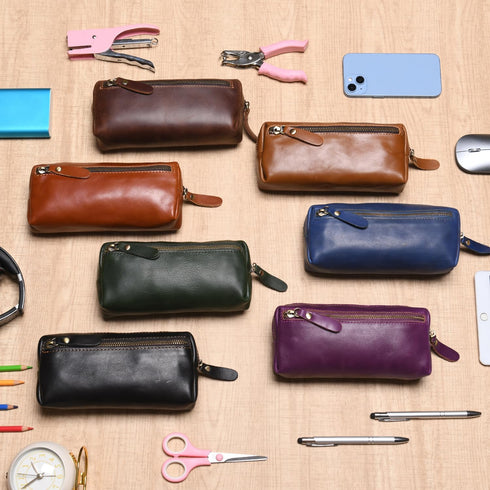 WONDERPOOL Pen Case Real Leather Pencil Pouch Markers Holder Big Capacity Bag with Side Zippered Pocket for Stationery