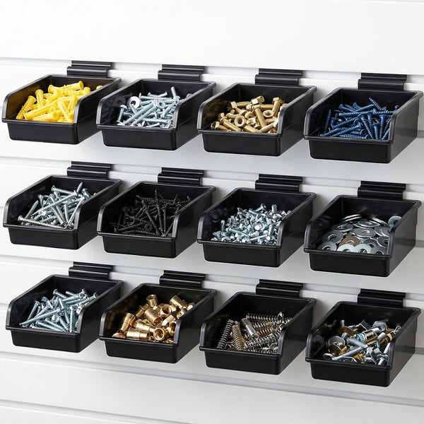 COMNICO 12 Pcs Slatwall Bins with Hooks, Plastic Slatwall Organizer Accessories Containers Workbench