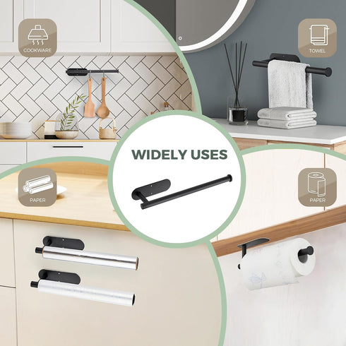 JOY DECOR 2 Pack SUS304 Paper Towel Holder - Matte Black Stainless Steel, Under Cabinet Self Adhesive Or Drilling Paper