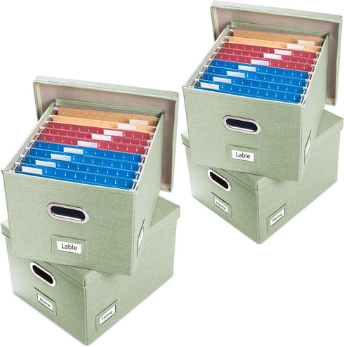 PRANDOM File Organizer Box - Set of 4 Collapsible Decorative Linen Filing Storage Hanging File Folders Green