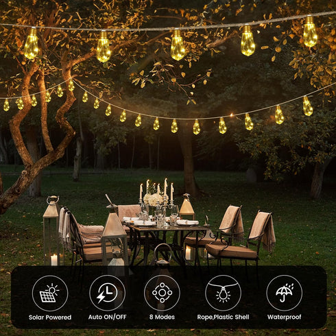24FT 20 Bulbs,8 Solar Outdoor String Lights Vintage Rope Hemp Solar Lights with Shatterproof Modes Solar Powered String
