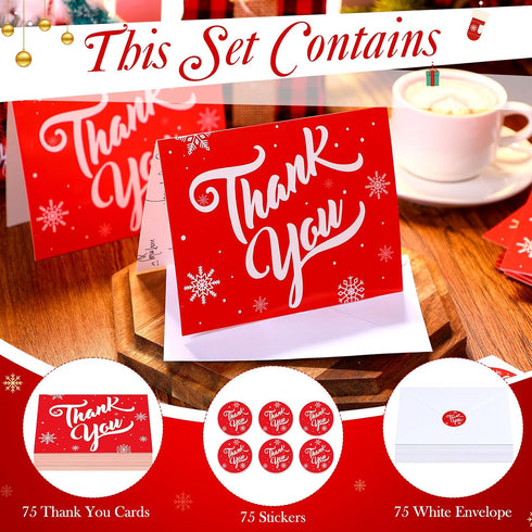75 Pack 5.5 4.5 Inch Gueevin Christmas Thank You Cards with Envelopes and Stickers Bulk x Red Snowflakes Holiday Thank