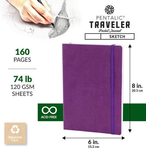 Pentalic 6" x 8" Purple Pocket Sketchbook Traveler Journal, 160 Pages