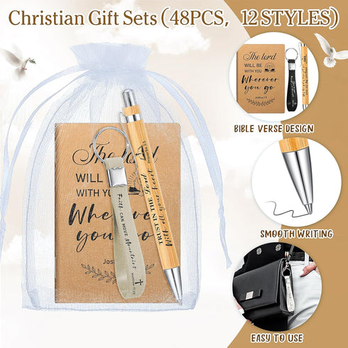 Spakon 192 Pcs/48 Set Christian Gifts Bulk Bible Verse Bamboo Pens Prayer Pocket Notebooks Christian Keychains with