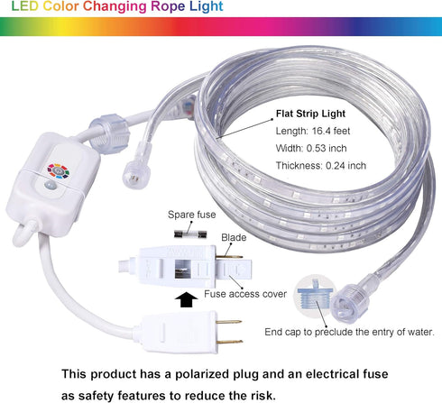 Areful 16.4 8 Feet Flat Flexible LED Rope Lights, Color Changing RGB Strip Light with Remote Control, Colors Multiple