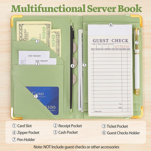 Server Book, PU Leather Server Books for Waitress with Zipper Pockets, Waitress Book with Pen Holder Fit Server Apron