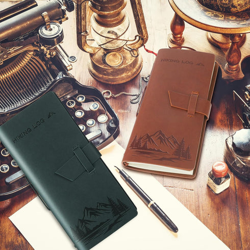 Fulmoon 8 x 3.7 Inch Hiking Logbook, 2 Pcs PU Leather Hiking Journal for Travel Diary Planner, Green, Brown