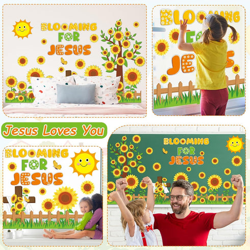 gisgfim Sunflower Bulletin Board Decoration Set, Religious Cutouts for Classroom Welcome Blooming for Jesus