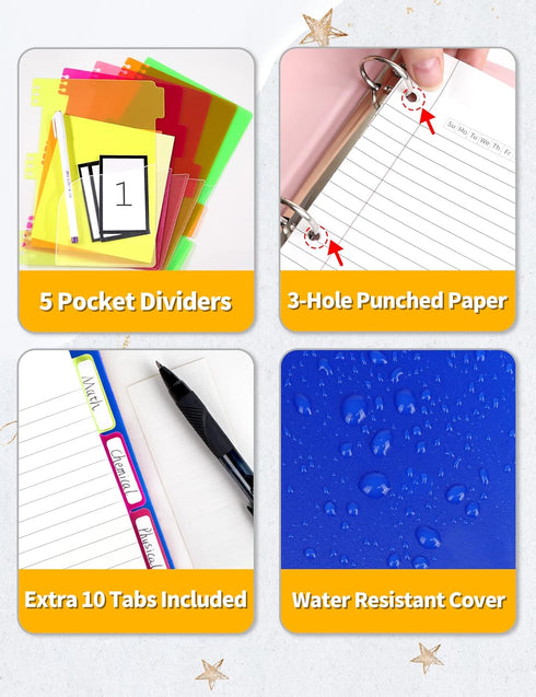 SUNEE 5 Subject Notebook – College Ruled, 300 Pages, 8.2"x10.8", 5 Pocket Colored Dividers, Blue, 3-Hole Punched