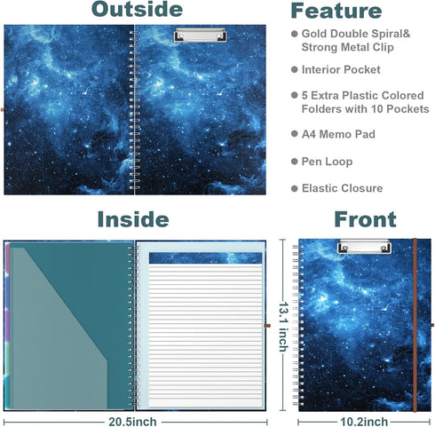Hongri Clipboard Folio with Refillable Lined Notepad, Clipboards with 5 A4 Folders Storage, Spiral Clip Board