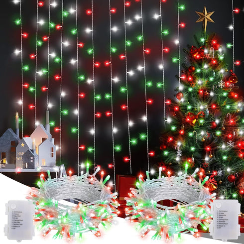Red White Green Christmas String Lights Battery Operated, 2 Pack 100 LED