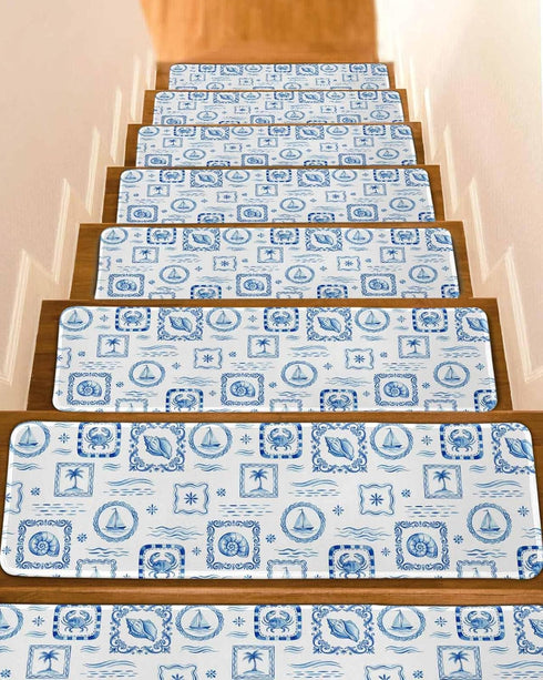 LBCASA Stair Treads Non Slip Indoor for Wooden Steps, Blue Nautical Ship 4