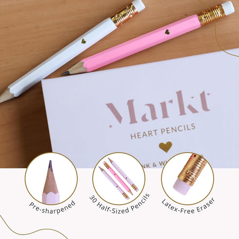 Markt Mini Pencils for Bridal Shower Games, White and Pink Baby Shower Pencils with Gold Foil Heart