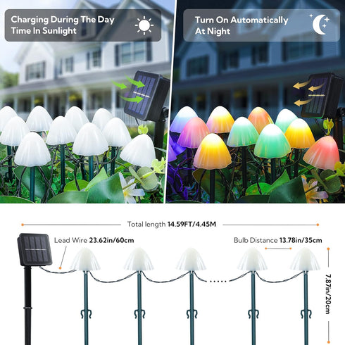Set of 12pcs Mushroom Solar Garden Lights, 14.5ft Waterproof Solar Powered Night String Lights for Outdoor Decor