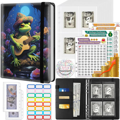 Money Saving Binder with 100 Envelopes, 3 Budgeting Planner Trackers, PU Leather A5 Planner Book, Frog Playing Guitar