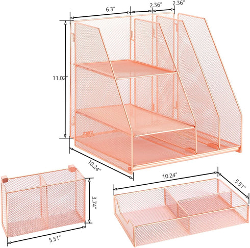 Rose Gold Desk Accessories Caddy with Sliding Drawer, Double Tray, File Organizer & Pen Holder for Office