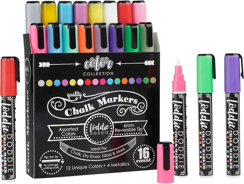 Loddie Doddie Liquid Chalk Markers, Dust Free Chalk Pens, 6mm Reversible Bullet & Chisel Tip, Pack of 16
