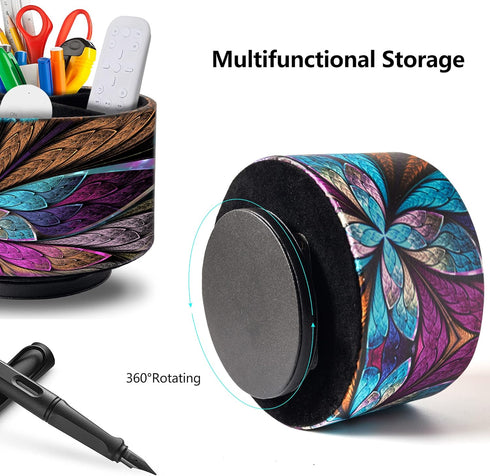 Round Leather Remote Control Holder, PU Leather Art Supply Organizer for Makeup, 4 Compartments, 360 Degree Spinning