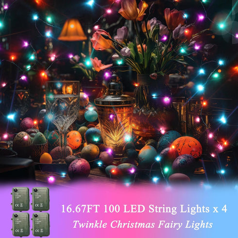 4 Pack 66.6 200 Pooqla Easter String Lights Battery Powered, Total FT LED Colorful Pastel String Lights for Indoor